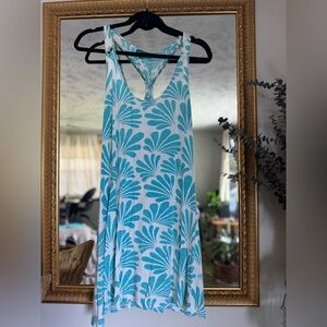 Blue and White Mini Dress with V-Neck and Tropical Print